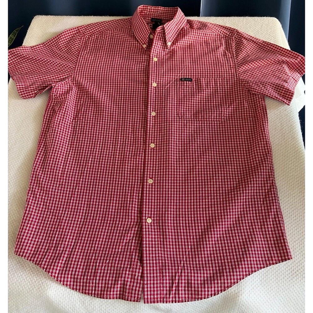 Chaps Men’s Short Sleeve Button Down Shirt Red White Plaid Easy Care Size Large